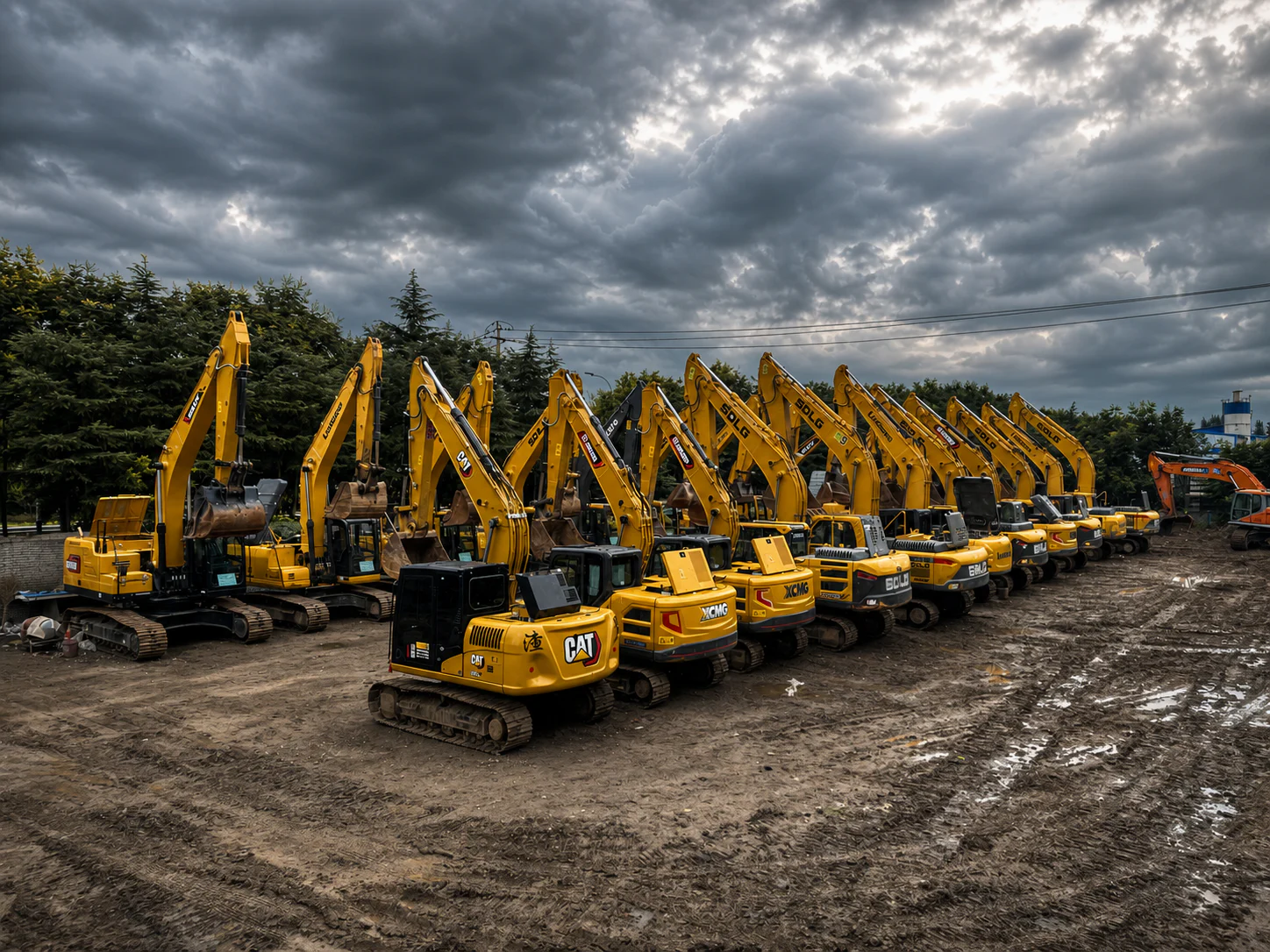 Large inventory of used excavators in a professional equipment yard